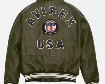 Chaqueta bomber de piel de oveja verde oliva para hombre de Avirex: estilo estadounidense