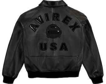 Chaqueta Avirex estilo aviador americano de piel de oveja auténtica negra para hombre