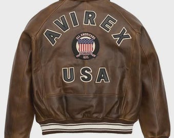 Chaqueta de aviador Avirex marrón USA Flying para hombre, de piel de oveja auténtica, estilo bomber