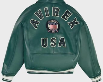 Chaqueta bomber Avirex para hombre, 100 % piel de cordero, color verde