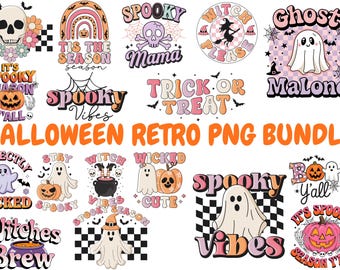 Halloween Retro PNG Bundle | Spooky Sublimation Designs | Ghost, Pumpkin, Witch, Skull, Haunted House Clipart | Digital Download 50 files
