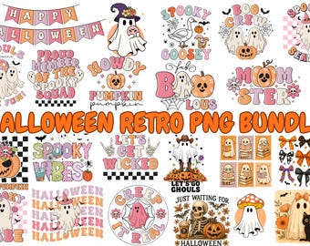 Halloween Retro PNG Bundle | Spooky Sublimation Designs | Ghost, Pumpkin, Witch, Skull, Haunted House Clipart | Digital Download 50 files