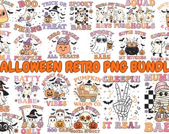Halloween Retro PNG Bundle | Spooky Sublimation Designs | Ghost, Pumpkin, Witch, Skull, Haunted House Clipart | Digital Download 50 files