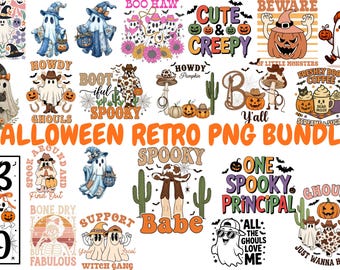 Halloween Retro PNG Bundle | Spooky Sublimation Designs | Ghost, Pumpkin, Witch, Skull, Haunted House Clipart | Digital Download 50 files