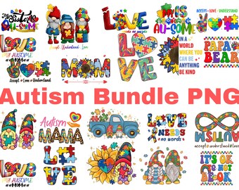 Pode incluir: Uma coleção de gráficos PNG coloridos com temas de conscientização sobre o autismo. Os designs incluem peças de quebra-cabeça, gnomos, corações e textos como "Love", "Autism Mama" e "It's OK to Not Be OK". A frase "Autism Bundle PNG" é exibida em destaque.