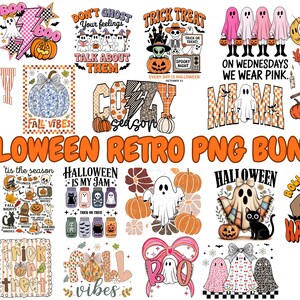 May include: A collection of Halloween-themed retro PNG graphics. The designs include ghosts, pumpkins, bats, and phrases like "Trick or Treat" and "Spooky." The color palette features orange, black, pink, and white, perfect for seasonal crafts and designs.