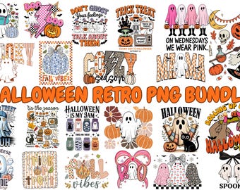 Halloween Retro PNG Bundle | Spooky Sublimation Designs | Ghost, Pumpkin, Witch, Skull, Haunted House Clipart | Digital Download 50 files