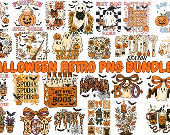 Halloween Retro PNG Bundle | Spooky Sublimation Designs | Ghost, Pumpkin, Witch, Skull, Haunted House Clipart | Digital Download 50 files