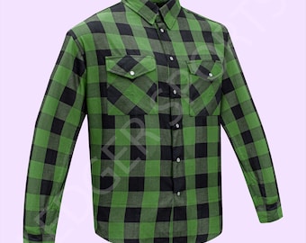 Men’s Black & Green Flannel Shirt Plaid Long Sleeve with Chest Pockets