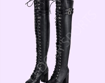 Lace-Up Knee-High Black Leather Boots: Women Chunky Heel Gothic Combat Style