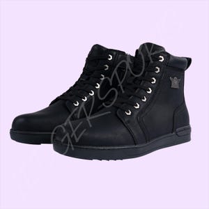 May include: A pair of black high-top sneakers featuring a textured leather-like finish, black laces, and silver-toned hexagonal eyelets. The boots include a small metallic emblem on the side and a solid black rubber sole with a flat, low-profile design.
