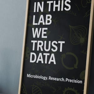 Può includere: Lavagna incorniciata con la scritta "IN THIS LAB WE TRUST DATA" in bianco. La parte inferiore della lavagna recita "Microbiologia. Ricerca. Precisione". Un taccuino e una penna sono in primo piano.