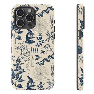 May include: A phone case featuring a cream-coloured background adorned with a navy blue pattern of botanical and scientific motifs. The design includes leaves, flowers, microscopes, and DNA strands. The side view reveals the case's thickness and pattern continuity.