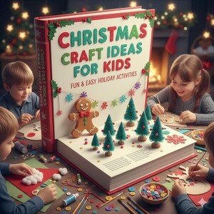 Pode incluir: Um livro grande aberto com o título "Christmas Craft Ideas for Kids" e o subtítulo "Fun & Easy Holiday Activities" exibe decorações de Natal em miniatura. As crianças estão criando em uma mesa com vários materiais. Um homem de gengibre e pequenas árvores de Natal.