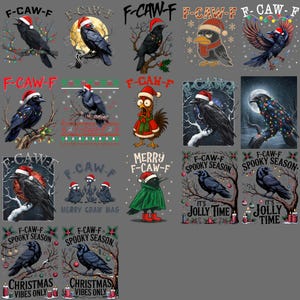Può includere: Una collezione di grafiche con corvi con cappelli di Babbo Natale. I disegni includono corvi appollaiati sui rami, decorati con luci natalizie, e con i testi "F-CAW-F" e "Spooky Season".