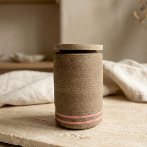 Handmade Stoneware Jar with Lid: Minimalist Pink Stripe Pottery