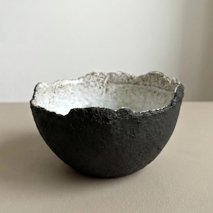 Handmade Organic Edge Ceramic Bowl: Black Stoneware, White Glaze