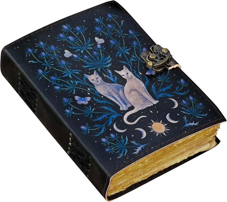 Puede incluir: Un diario azul oscuro con un dise&ntilde;o decorativo que presenta dos gatos, mariposas y elementos celestiales. La cubierta tiene un cierre de metal y las p&aacute;ginas tienen un borde dorado. El diario es un art&iacute;culo &uacute;nico para escribir y llevar un diario.