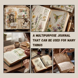 Puede incluir: Un diario multiusos con p&aacute;ginas de estilo vintage. El diario est&aacute; abierto para mostrar p&aacute;ginas decoradas con flores prensadas, sellos y notas manuscritas. El texto de la imagen dice: UN DIARIO MULTIUSOS QUE SE PUEDE USAR PARA MUCHAS COSAS.