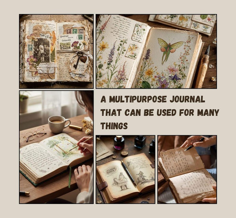 Puede incluir: Un diario multiusos con p&aacute;ginas de estilo vintage. El diario est&aacute; abierto para mostrar p&aacute;ginas decoradas con flores prensadas, sellos y notas manuscritas. El texto de la imagen dice: UN DIARIO MULTIUSOS QUE SE PUEDE USAR PARA MUCHAS COSAS.