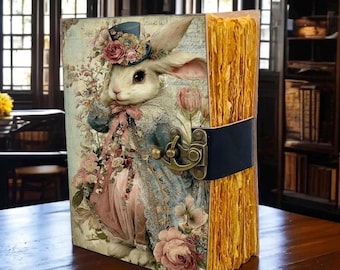 Handmade Victorian Bunny Journal - 400 Pages Deckle Edge Paper Grimoire - Vintage Rabbit Leather Notebook - Easter Gift for Her or Him