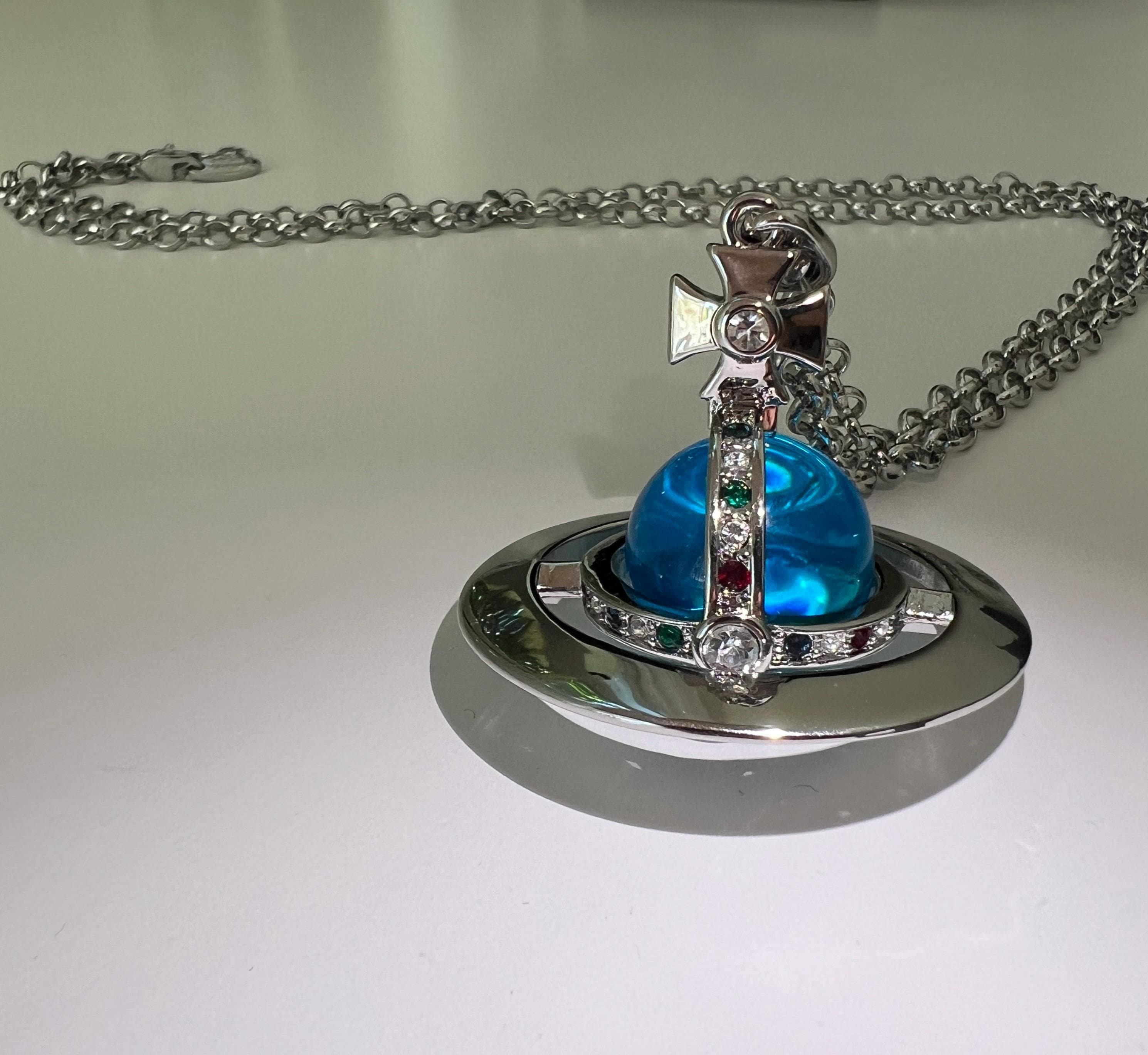 Vivienne Westwood Silver Necklace, Blue Orb With Gemstones Pendant