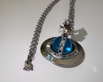 Vivienne Westwood Silver Necklace, Blue Orb With Gemstones Pendant