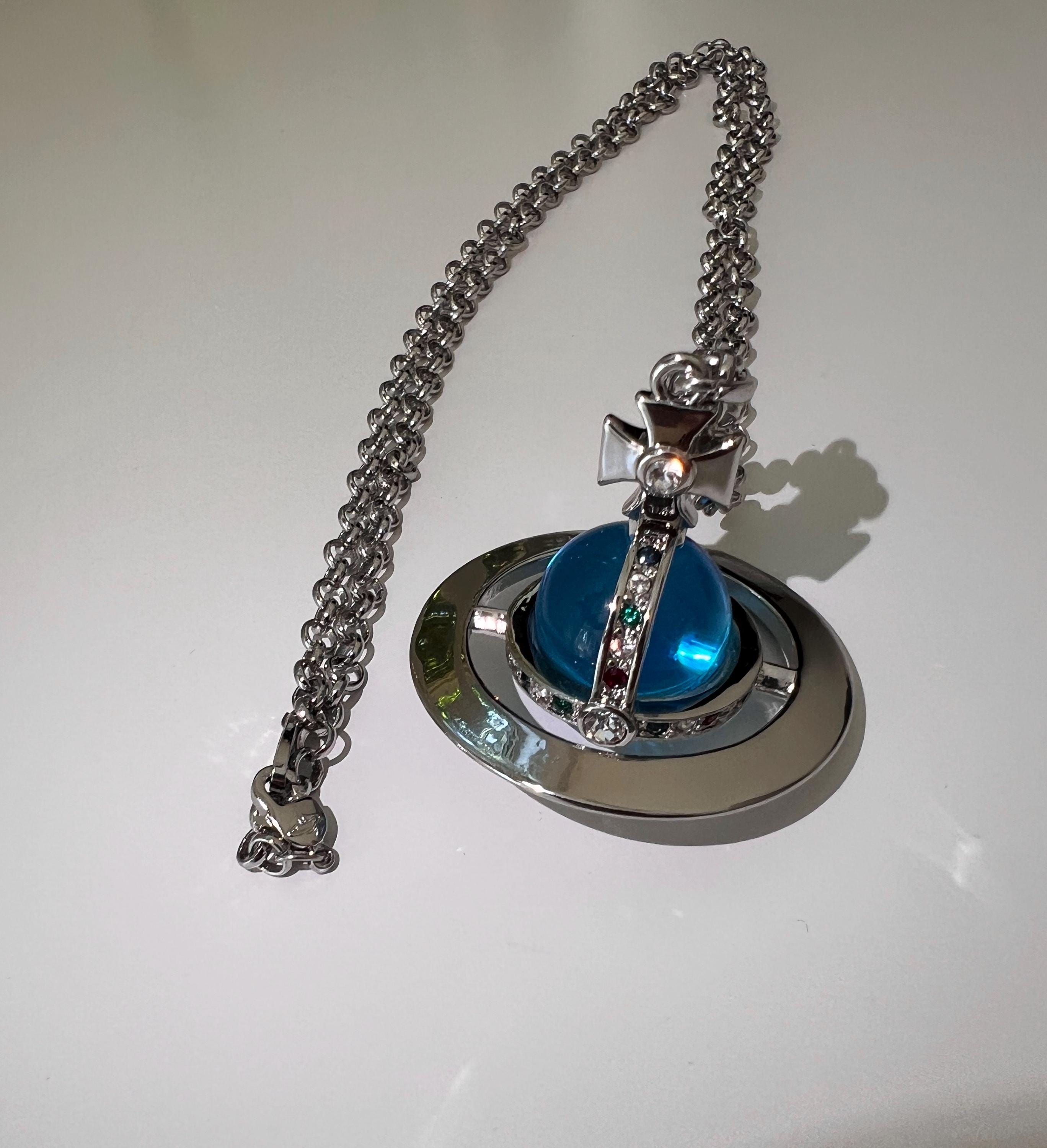 Vivienne Westwood Silver Necklace, Blue Orb With Gemstones Pendant