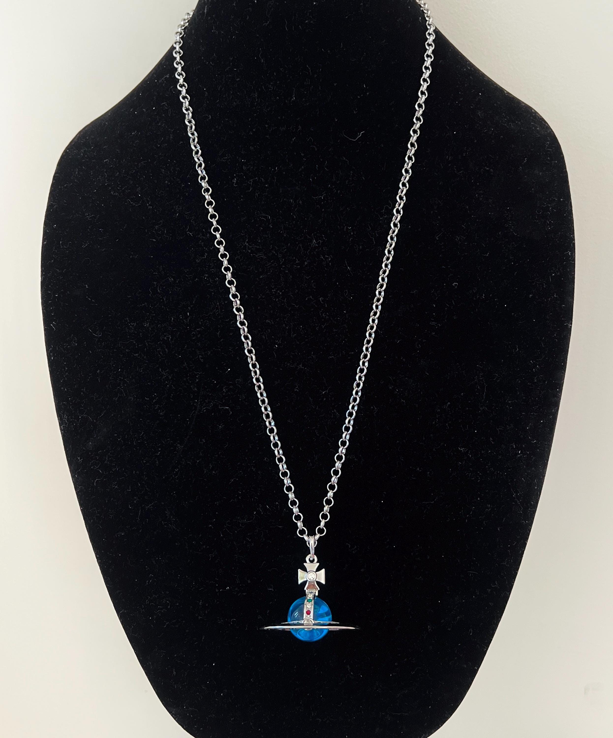 Vivienne Westwood Silver Necklace, Blue Orb With Gemstones Pendant