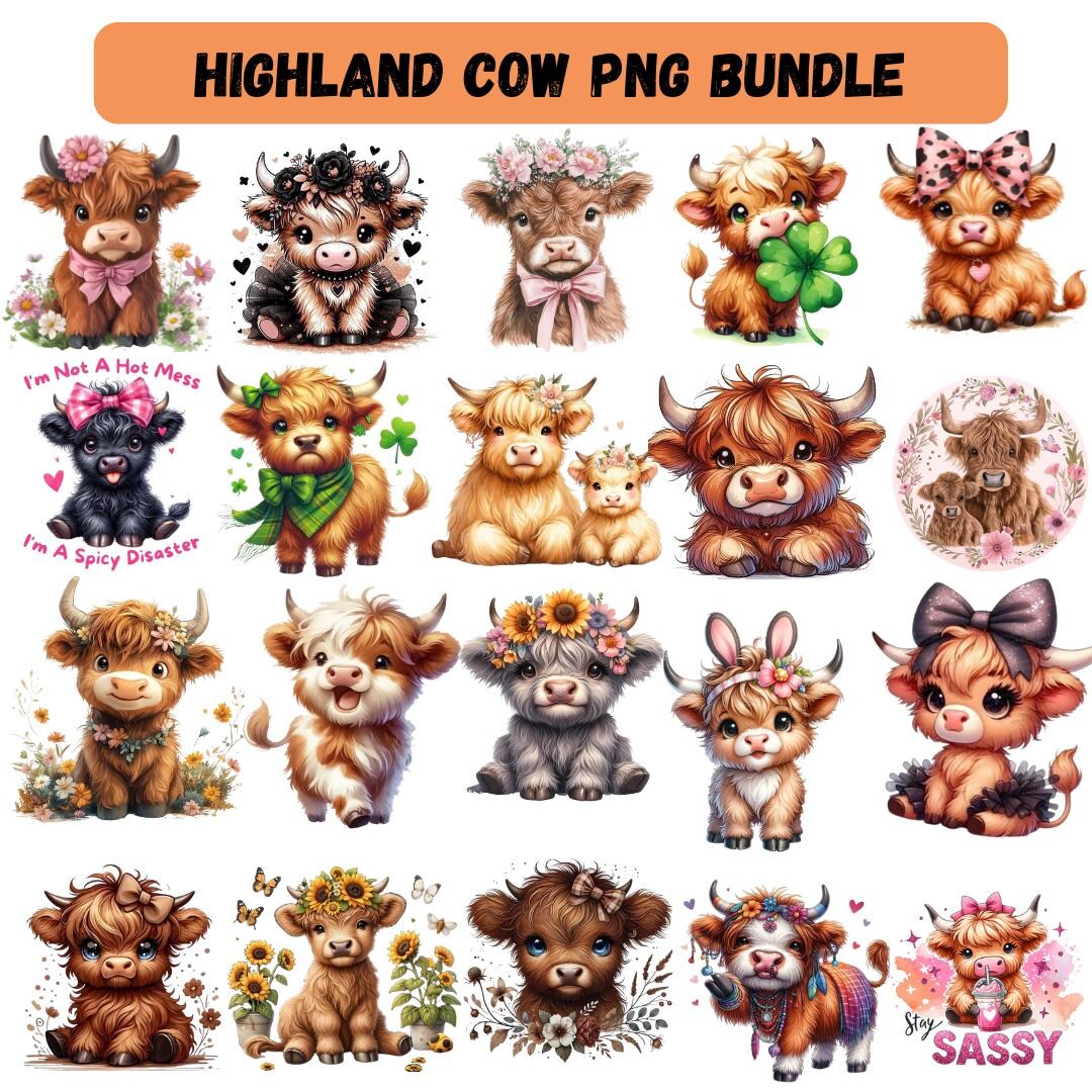 Baby Highland Cow Clipart: Boho Farmhouse Designs, Rustic Farm Animal ...