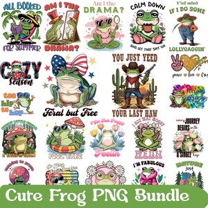 May include: A collection of colorful frog-themed PNG graphics. Each frog illustration has a unique design, with text like "Feral but Free" and "Pool Babe". The bundle includes various styles, from cartoonish to floral, perfect for digital art projects.