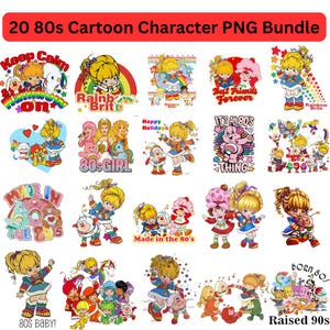 Op de afbeelding: Een verzameling van 20 PNG-afbeeldingen van cartoonpersonages uit de jaren 80. De afbeeldingen tonen personages met blond haar, regenbogen en tekst zoals "Keep Calm On", "Rainbow Brite" en "Made in the 80s".
