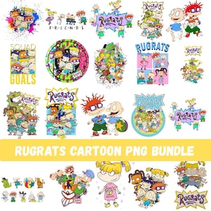 Pode incluir: Uma coleção de imagens PNG de desenhos animados Rugrats coloridas. As imagens apresentam vários personagens e logotipos da série animada, incluindo os textos "Rugrats", "Friends" e "Squad Goals". Adequado para projetos de design digital.
