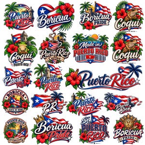 May include: A collection of twenty colorful graphic designs featuring Puerto Rican themes, including the Puerto Rican flag, hibiscus flowers, palm trees, the coqui frog, coffee cups, and text such as Puerto Rico, Boricua, and Boricua Pride.