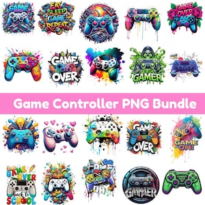 May include: A selection of vibrant game controller designs in diverse artistic styles. Some controllers feature paint splatter effects, while others display text such as "Game Over" and "Gamer." The text "Game Controller PNG Bundle" is also present.