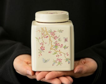 Handmade Floral Ceramic Pet Urn, High-Fired Ashes Jar