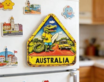 Hand Painted Australian Surf Crocodile Fridge Magnet, Travel City Souvenir, Refrigerator Decor