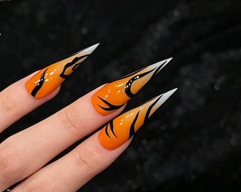 Orange Flame Cat Claw Press On Nails,Black Line Stiletto Nails,Handmade Statement Nails