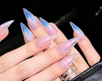Aurora Cat Claw Nails,Pink Blue Iridescent Press On Nails,Handmade Stiletto Fairy Nails