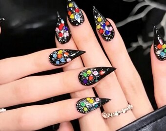 Black Silver Glitter Colorful Beads Cat Claw Press On Nails