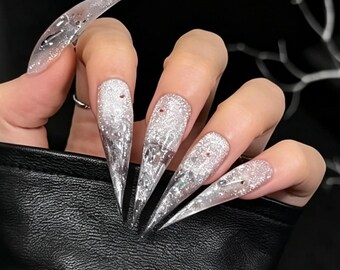 Crystal Silver Cat Claw Press On Nails,Glitter Stiletto Winter Nails
