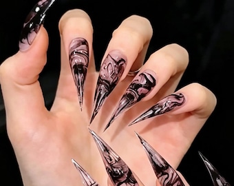 Black Smoke Cat Claw Press On Nails,Gothic Stiletto Nails,Dark Witchy Fake Nails,Edgy Halloween Nails,Handmade Reusable Nails