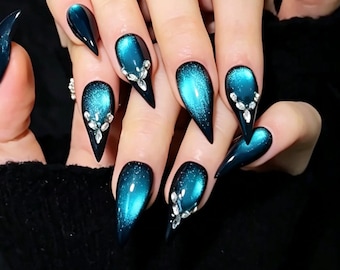 Blue Tears Cat Claw Press On Nails,Black Blue Cat Eye Stiletto Nails,Gothic Rhinestone Nails,Dark Glam Fake Nails,Handmade Reusable Nails