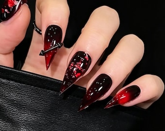 Black Red Ombre Cat Claw Press On Nails,Gothic Vampire Stiletto Nails with Spikes,Dark Cherry Red Handmade False Nails,Halloween Nail Art