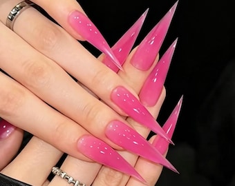 Translucent Pink Cat Claw Nails,Jelly Stiletto Press On Nails,Handmade Statement Nails