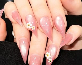 Pink Cat Eye Cat Claw Press On Nails,3D Floral Nail Art,Handmade Luxury Stiletto Nails