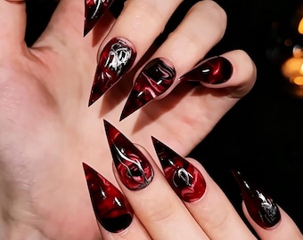 Black and Red Smoke Press On Nails,Gothic Blood Stiletto Cat Claw Nails with Silver Lines,Handmade Metallic Dark Nails