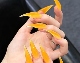 Pumpkin Orange Cat Claw Press On Nails,Halloween Stiletto Nails,Witchy Orange Fake Nails