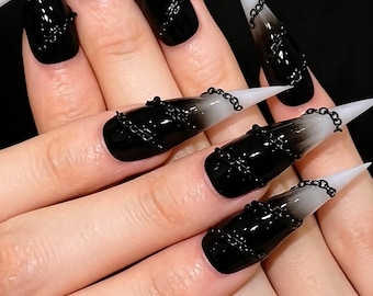 Black White Gradient Cat Claw Nails,Gothic Chain Press On Nails