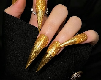 Gold Glitter Cat Claw Nails,Luxury Stiletto Press On Nails,Transparent Chrome Nail Art